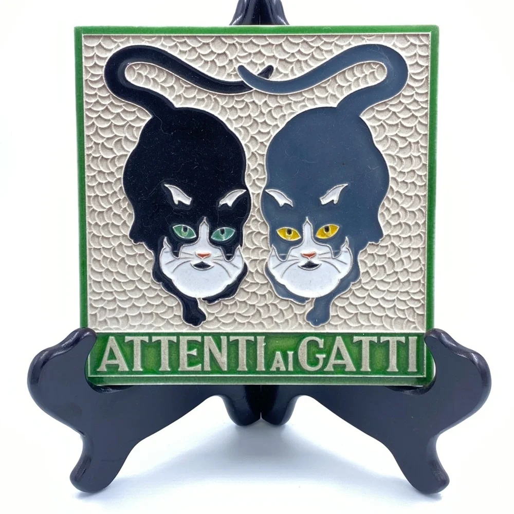 Attenti ai Gatti Cat Ceramic Wall Plaque - Black and Green - Italian Beware Cats - Picture 1 of 3